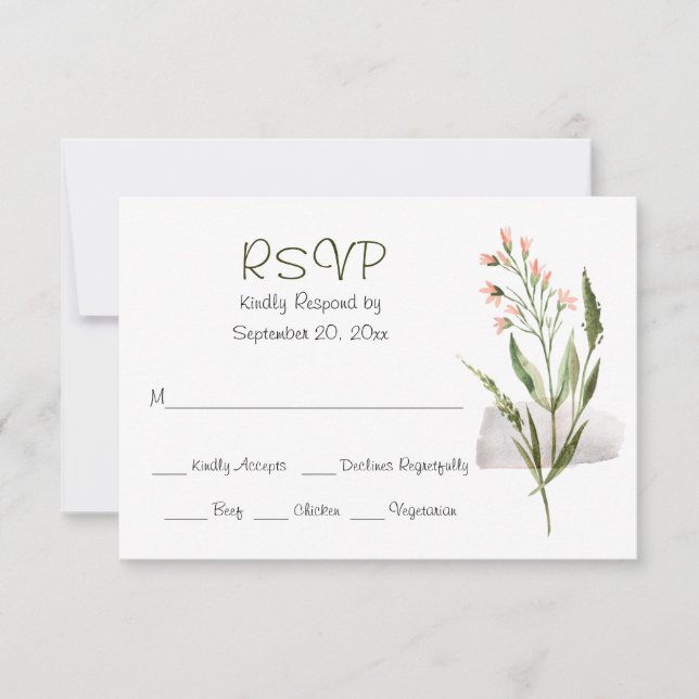 Simple Pretty Pink Watercolor Flowers Wedding RSVP Card (Front)