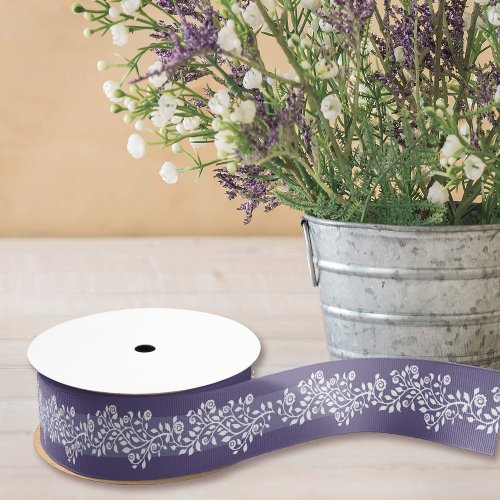 Simple Pretty Swirly Floral Pattern Purple White Grosgrain Ribbon