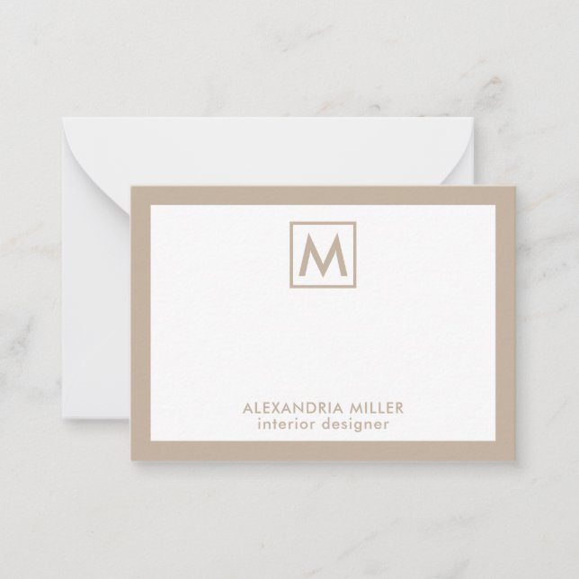 Simple Professional Beige White Monogram Note Card (Front)
