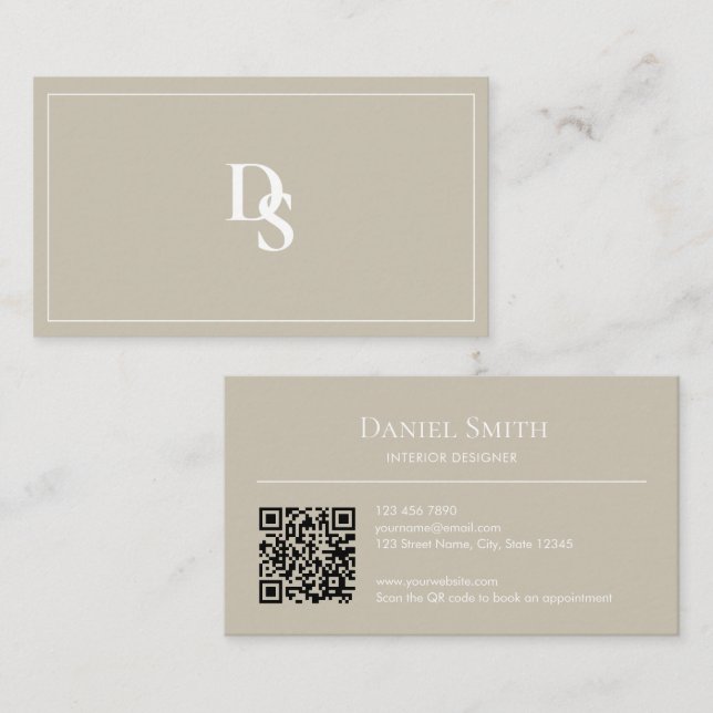 Simple Professional Beige with Initials QR Code Business Card (Front/Back)