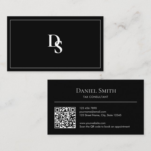 Simple Professional Black White Initials QR Code Business Card (Front/Back)