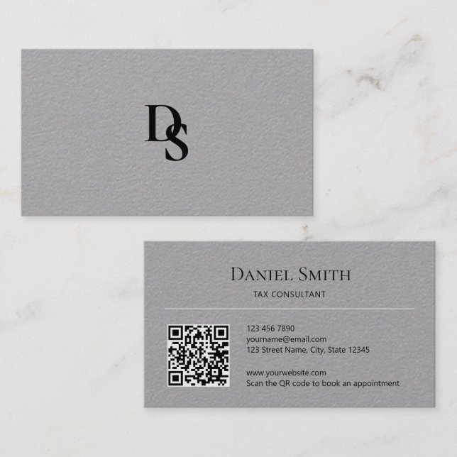 Simple Professional Initial QR Code on Grey Paper Business Card (Front/Back)
