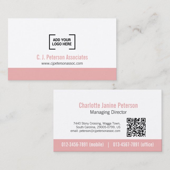 Simple professional logo dusky pink white QR code Business Card (Front/Back)