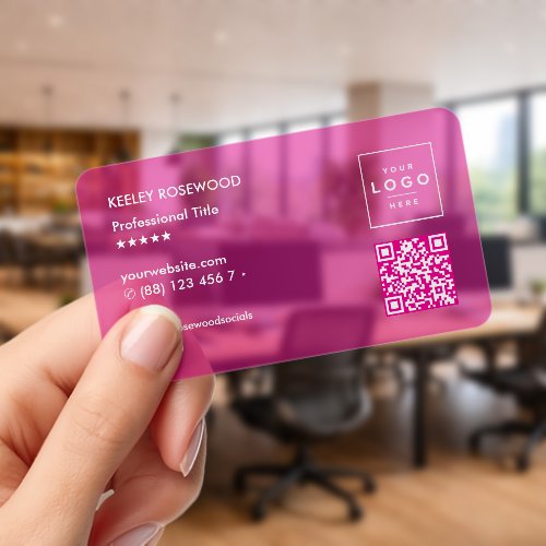 Simple Professional Logo Transparent Pink QR Code Clear Business Cards