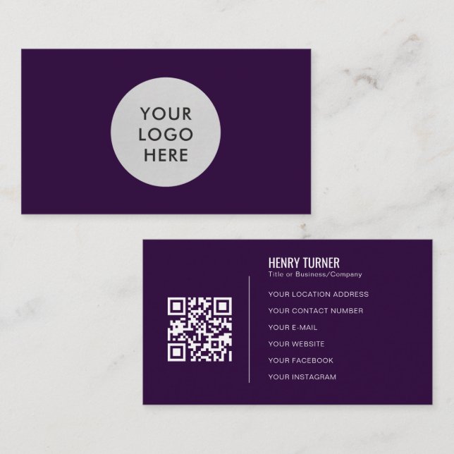 Simple Professional Midnight Purple Logo QR Code Business Card (Front/Back)