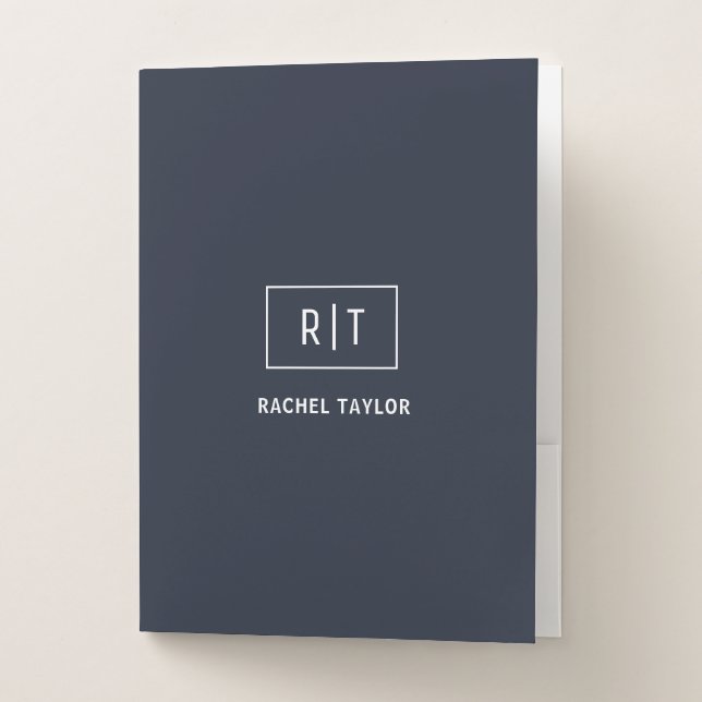 Simple Professional Monogram Navy Blue White Borde Pocket Folder (Front)