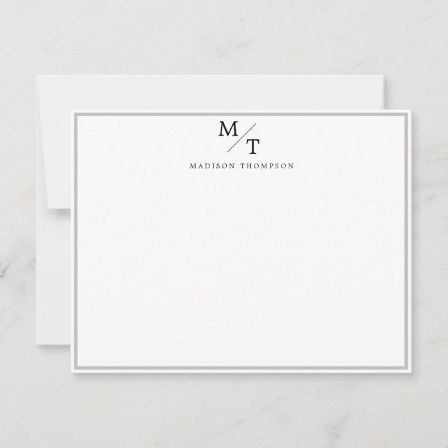 Simple Professional Monogram with gray border Note Card (Front)