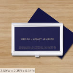 Simple Professional Navy Blue and Gold Business Card Case<br><div class="desc">Elevate your networking game with this simple, sleek, and professional business card case. The navy blue background features your company name with address, website and contact information in classic golden typography in the lower thirds, adding a touch of sophistication to your business interactions. Stay organized and make a lasting impression...</div>