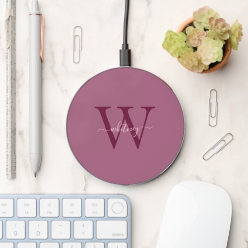 Simple Professional Pink Monogram Name  Initial Wireless Charger