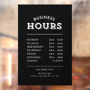 Simple Professional White on Black Business Hours Window Cling