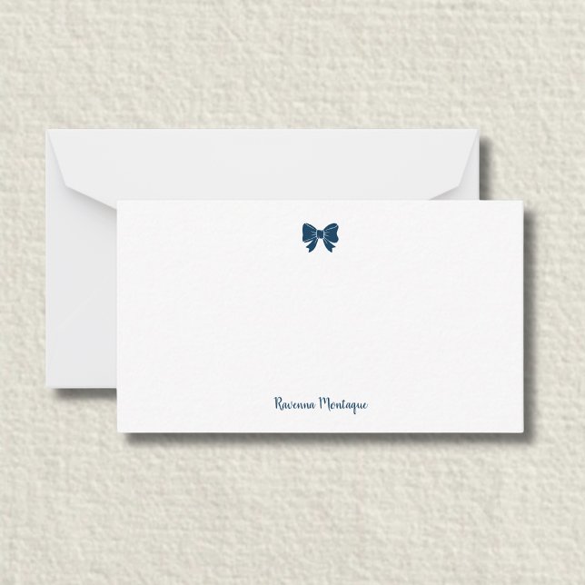 Simple Prussian Blue Bow Handwritten Name  Note Card (Creator Uploaded)