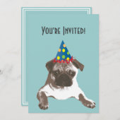 Simple Pug in Hat Birthday Party Invitation (Front/Back)