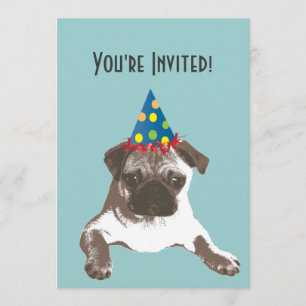 Simple Pug in Hat Birthday Party Invitation