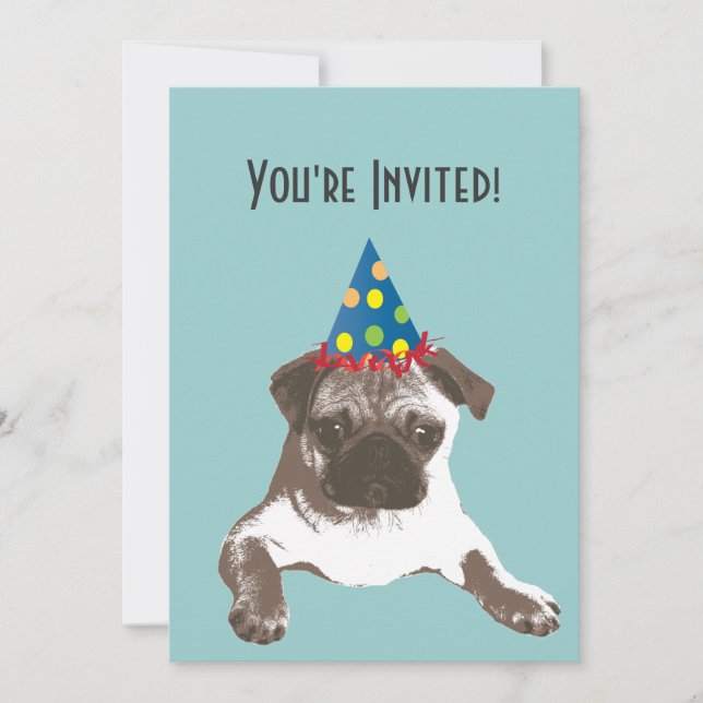 Simple Pug in Hat Birthday Party Invitation (Front)