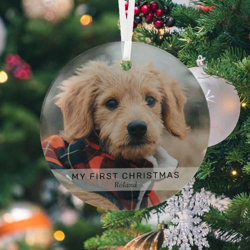 Simple Puppy My First Christmas Photo Keepsake  Glass Ornament