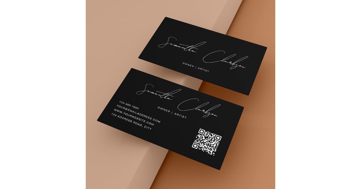 Simple Pure Black Handwritten Script QR code Business Card | Zazzle