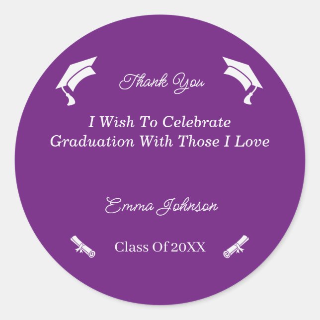 Simple Purple And White Customized Graduation Classic Round Sticker (Front)