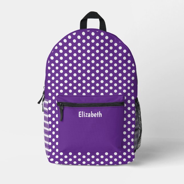 Simple Purple and White Dots Dotted Pattern Name Printed Backpack (Front)