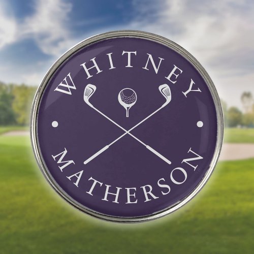 Simple Purple And White Golf Clubs Custom Name Golf Ball Marker
