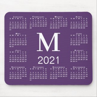Simple Purple and White Monogram 2021 Calendar Mouse Pad