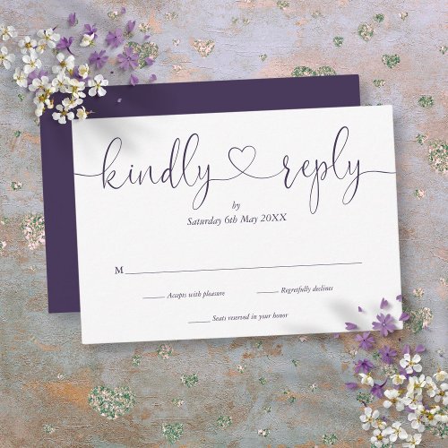 Simple Purple And White Script Heart Kindly Reply  RSVP Card