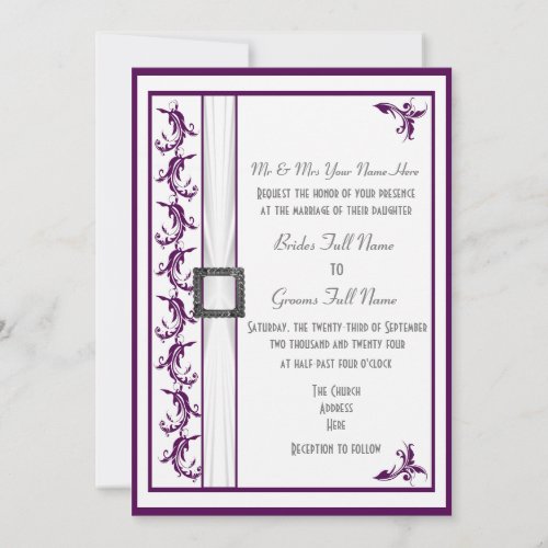 Simple purple and white traditional wedding invitation