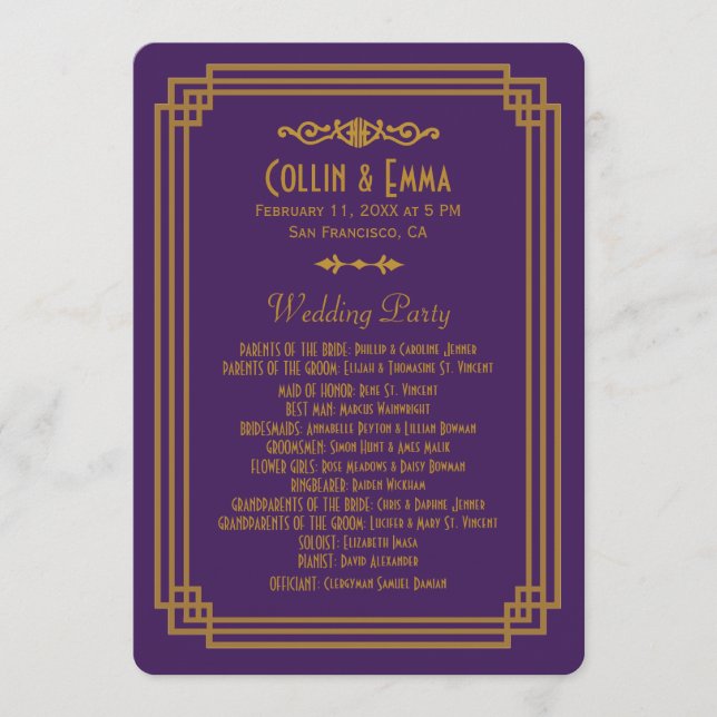 Simple Purple Art Deco Wedding Programs (Front)