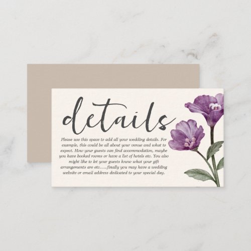 Simple purple  Beige Wildflower Wedding Details Enclosure Card