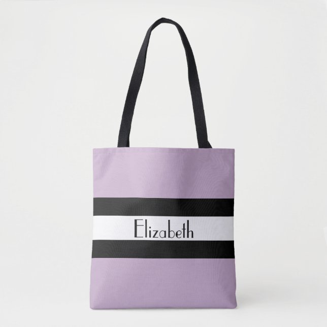 Simple Purple Black and White with Name Tote Bag (Front)