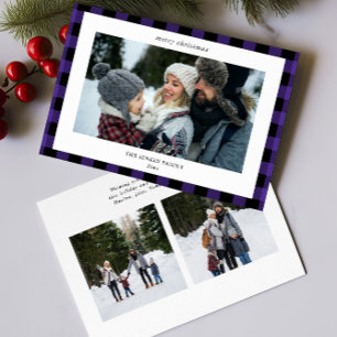 Simple Purple Black Plaid Border 3 Photo Christmas Holiday Card