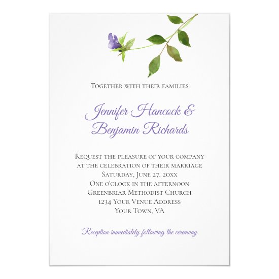 Simple Purple Blossom Green Leaf Stem Wedding Invitation