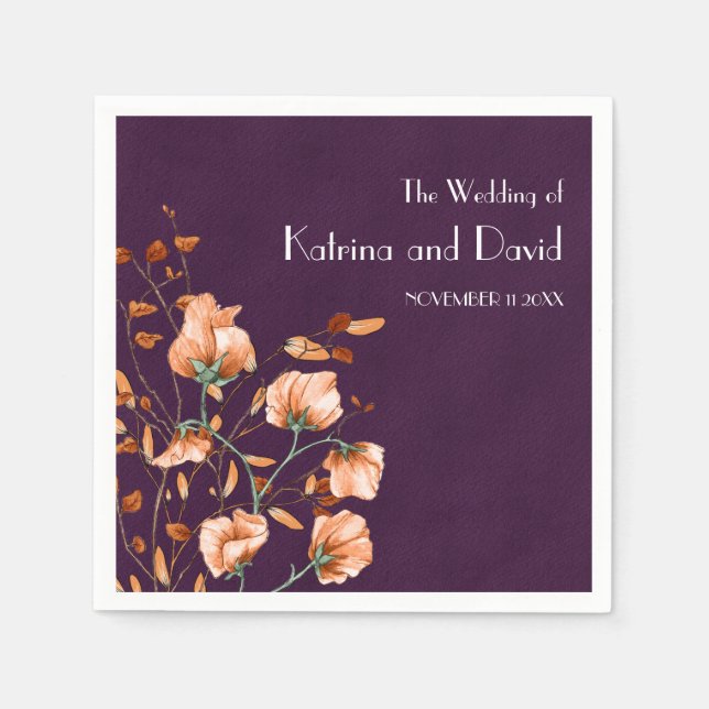Simple Purple Burnt Orange Floral Fall Wedding Napkins (Front)