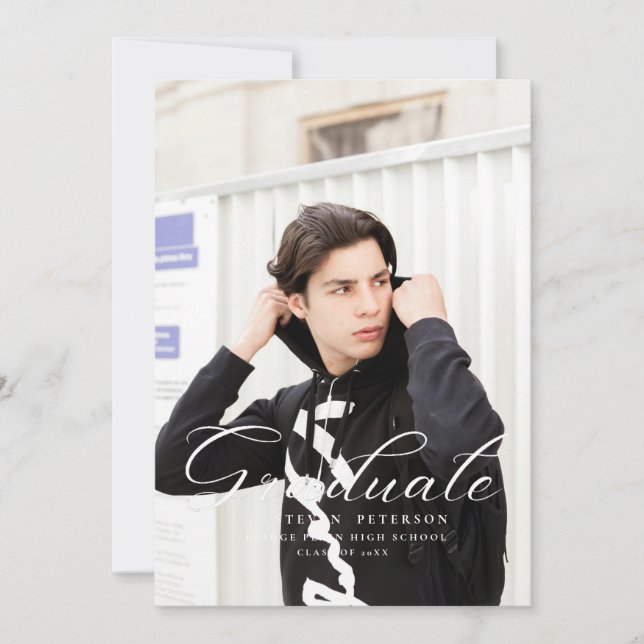 Simple Purple Calligraphy Photo Black Graduation  Invitation (Front)