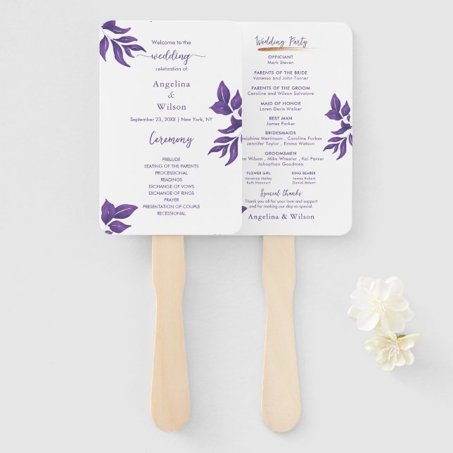 Simple Purple Elegant Eucalyptus Wedding Program Hand Fan (Front and Back)