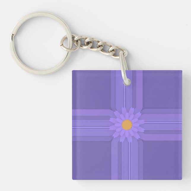 Simple Purple Flower on Cross Modern Keychain (Front)
