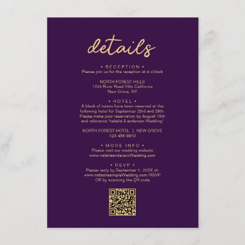 Simple Purple Gold Script QR Code Wedding Detail Enclosure Card