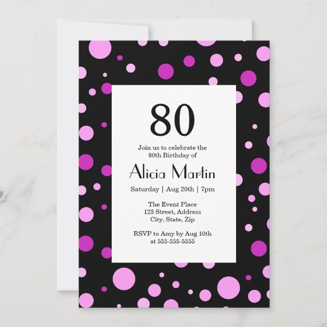 Simple Purple Lilac Polka Dot Black 80th Birthday Invitation (Front)