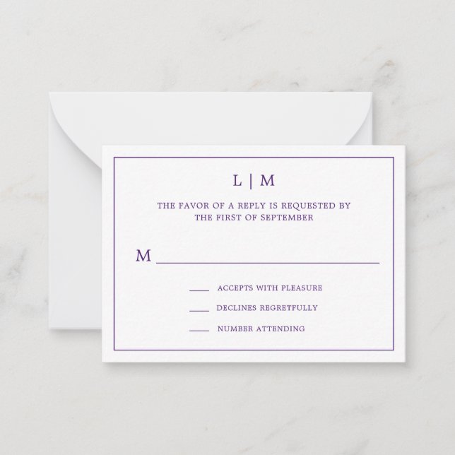Simple Purple Monogram Elegant Mini Wedding RSVP Note Card (Front)