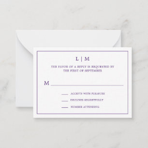 Simple Purple Monogram Elegant Mini Wedding RSVP Note Card