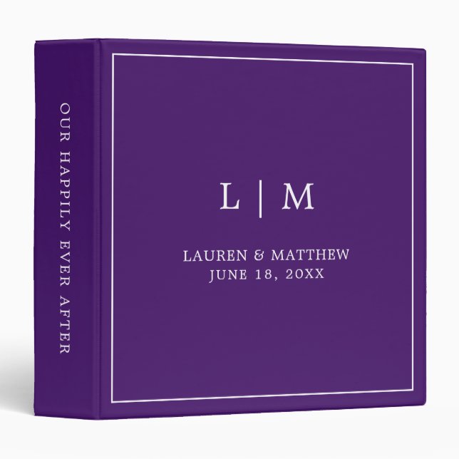 Simple Purple Monogram Elegant Wedding 3 Ring Binder (Front/Spine)