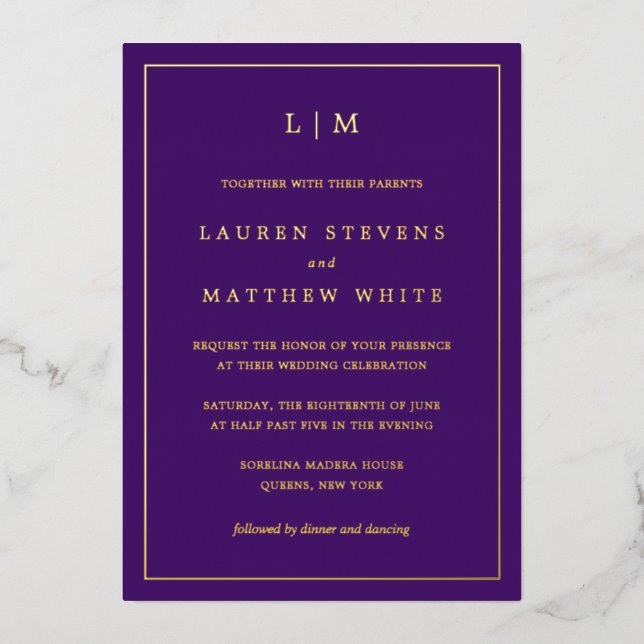 Simple Purple Monogram Elegant Wedding Foil Invitation (Front)