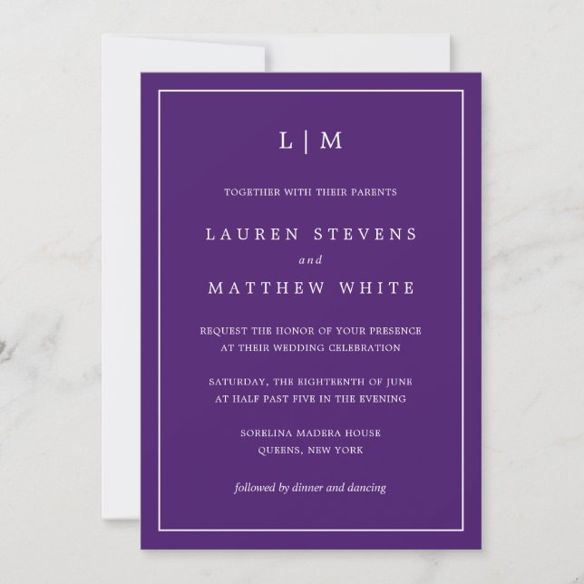 Simple Purple Monogram Elegant Wedding Invitation (Front)