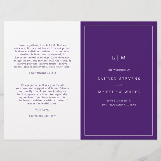 Simple Purple Monogram Elegant Wedding Program (Front)