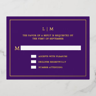 Simple Purple Monogram Elegant Wedding RSVP Foil Invitation Postcard