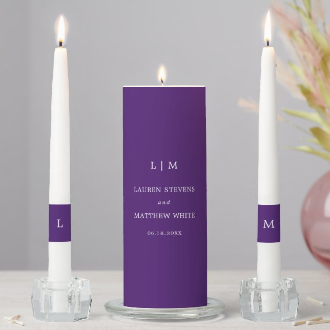 Simple Purple Monogram Elegant Wedding Unity Candle Set (In Situ)