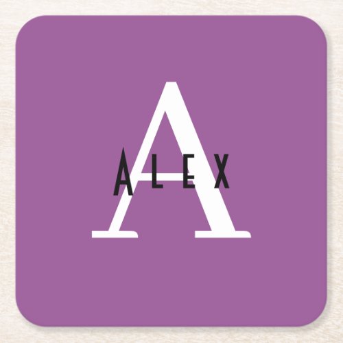 Simple Purple Monogram Initial  Name Square Paper Coaster