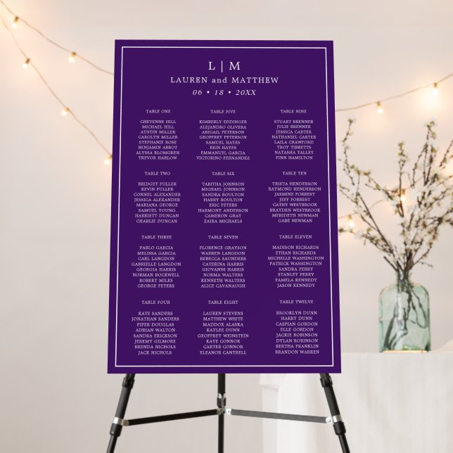 Simple Purple Monogram Wedding Seating Chart Foam Board (In Situ (Stand))