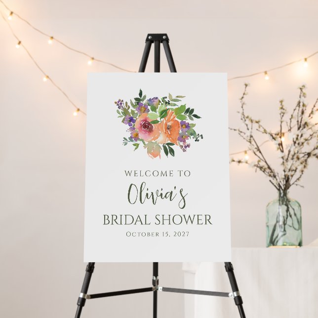 Simple Purple Orange Floral Shower Welcome Sign (In Situ (Stand))