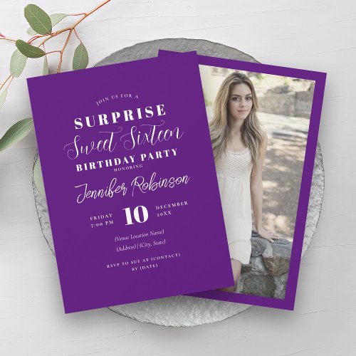 Simple Purple Photo SURPRISE Sweet 16   Invitation