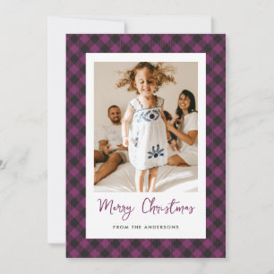 Simple Purple Plaid Photo Merry Christmas Holiday Card